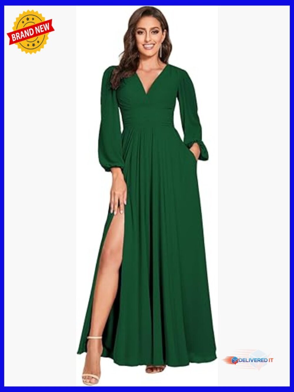 Long Sleeve V-Neck A-Line Chiffon Formal Wedding Dress with Slit